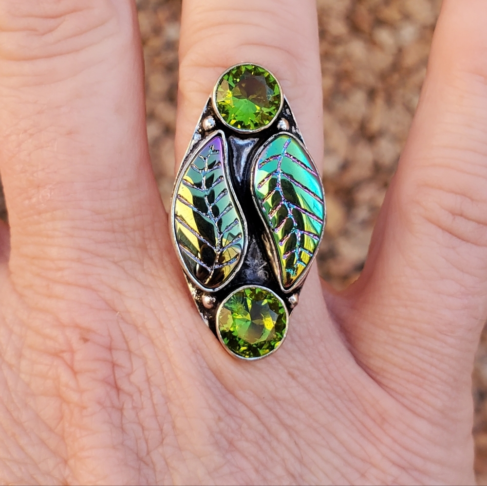 New Carved Rainbow Hematite & Peridot 925 Silver Ring.